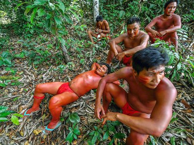 Des membres de la tribu amazonienne des Waiapi, dans une zone protégée appelée Renca dans l'Etat d'Amapa au Brésil, le 14 octobre 2017 - Apu Gomes [AFP]