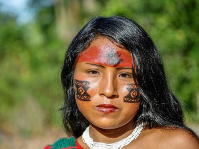 Sykyry Waiapi, une Indienne de la tribu des Waiapi en Amazonie, dont tous les membres enduisent leur peau de peintures naturelles censées avoir des vertus protectrices, le 14 octobre 2017 - Apu Gomes [AFP]