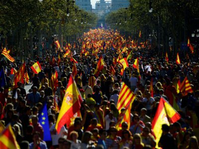 Manifestation pour l'unité de l'Espagne à Barcelone, le 29 octobre 2017, deux jours après la déclaration unilatérale d'indépendance du Parlement régional de Catalogne - PIERRE-PHILIPPE MARCOU [AFP]