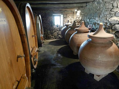 Des jarres en terre cuite "dolia" sont utilisées pour faire du vin dans le chais des viticulteurs Riouspeyrous à Irouleguy, (sud-ouest), le 12 octobre 2017 - IROZ GAIZKA [AFP]