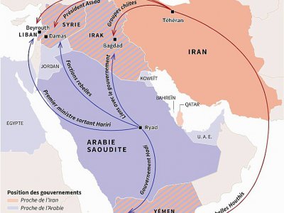 Carte du Moyen-Orient indiquant les alliés de l'Arabie saoudite contre l'Iran et les zones d'influence des deux rivaux - Gillian HANDYSIDE [AFP]