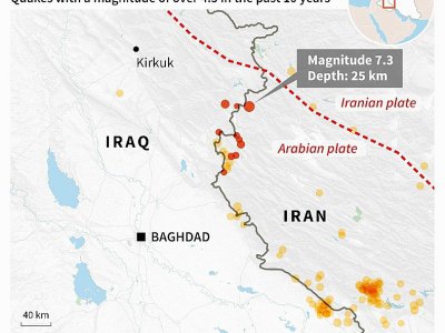 Carte montrant l'épicentre du séisme du 12 novembre 2017 d'une magnitude de 7,3 à la frontière irano-irakienne - Sabrina BLANCHARD [AFP]
