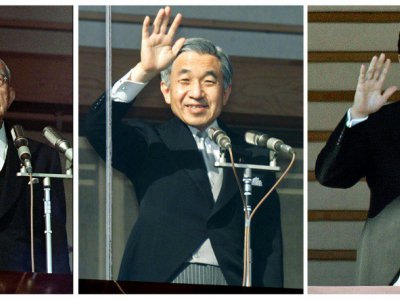 Trois générations de la famille impériale japonaise: l'ancien empereur Hirohito, décédé en 1989, son fils l'empereur actuel Akihito et le fils de celui-ci Naruhito, saluent depuis le palais impérial à Tokyo - - [AFP/Archives]