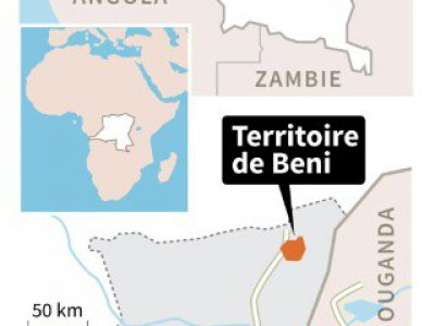 Carte de la République démocratique du Congo localisant le territoire de Beni dans le Nord-Kivu où 14 Casques bleus de la Monusco ont été tués et des dizaines blessés lors d'affrontements jeudi - P.Pizarro, J.Jacobsen [AFP]