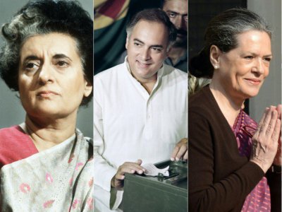 Jawaharlal Nehru, sa fille Indira Gandhi, le fils de celle-ci Rajiv Gandhi, la femme de ce dernier Sonia Gandhi, et leur fils Rahul Gandhi, sur un montage réalisé le 6 décembre 2017 - - [AFP/Archives]