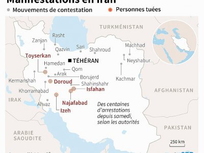 Carte localisant les mouvements de contestation et les décès liés aux manifestations, en Iran - Gal ROMA [AFP]