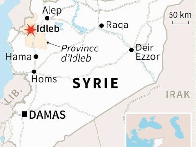 Localisation d'Idleb où au moins 21 civils, dont huit enfants, ont été tués dimanche dans des raids aériens du régime et de son allié russe - AFP [AFP]