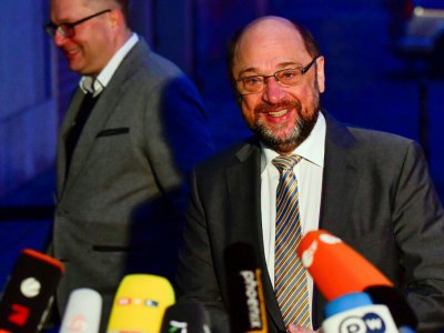 Martin Schulz, leader du SPD, arrive au siège du parti pour des discussions avec les conservateurs de la CDU/CSU, le 11 janvier 2018 à Berlin - Tobias SCHWARZ [AFP]