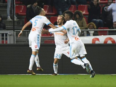 La joie des Marseillais, après l'ouverture du score contre Rennes, par Valère Germain, au Roazhon Park, le 13 janvier 2018 - DAMIEN MEYER [AFP]