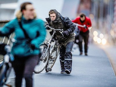 Des cyclistes face à des vents violents à Rotterdam, aux Pays-Bas, le 18 janvier 2018 - Robin UTRECHT [ANP/AFP]