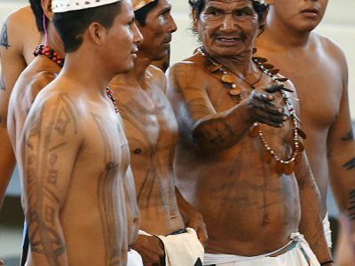 Des indigènes attendent la visite du pape François à Puerto Maldonado, au Pérou, le 19 janvier 2018 - Cris BOURONCLE [AFP]