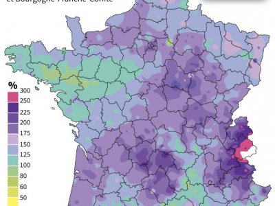 Carte de France avec les précipitations record en décembre-janvier - Paul DEFOSSEUX [AFP]