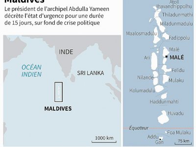Carte des Maldives dont Le président Abdulla Yameen a décrété l'état d'urgence pour une durée de 15 jours - Laurence CHU [AFP]