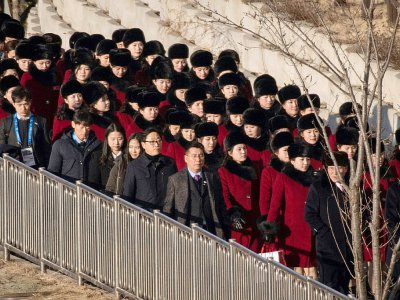 Des pom-pom girls nord-coréennes à Inje, au nord de Pyeongchang, le 7 février 2018 - Ed JONES [AFP]