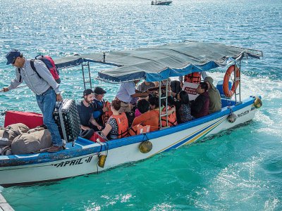 Un groupe de touristes arrive par bateau sur l'île de Santa Cruz, le 21 janvier 2018 aux Galapagos - Pablo COZZAGLIO [AFP]