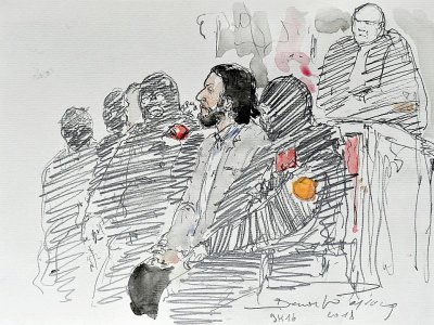 Un croquis d'audience  représente Salah Abdeslam, attendant le début de son procès au Palais de Justice de Bruxelles, le 5 février 2018 - Benoit PEYRUCQ [AFP/Archives]
