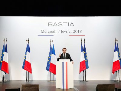Le président Macron lors de son discours à Bastia, le 7 février 2018 - BENOIT TESSIER [POOL/AFP/Archives]