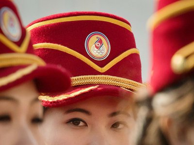 Des pom-pom girls nord-coréennes à la cérémonie de bienvenue des athlètes de leur pays aux JO de Pyeongchang, le 9 février 2018 - Ed JONES [AFP]
