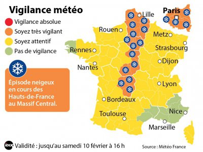 Neige : 19 départements sont en vigilance orange ce samedi 10 février 2018 depuis les Hauts-de-France jusqu'au Massif Central. - Idix