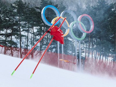 Les rafales de vent font se courber une porte du slalom géant de Jeongseon, le 12 février 2018 - Dimitar DILKOFF [AFP/Archives]