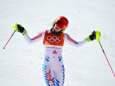 L'Américaine Mikaela Shiffrin à l'arrivée du slalom aux JO, le 16 février 2018 à Pyeongchang - Roberto SCHMIDT [AFP]
