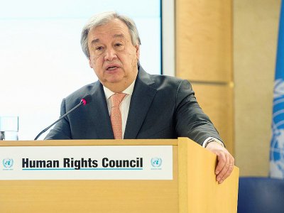 Le secrétaire général de l'ONU Antonio Guterres devant le Conseil des droits de l'homme, le 26 février 2018 à Genève - Jean-Guy PYTHON [AFP]