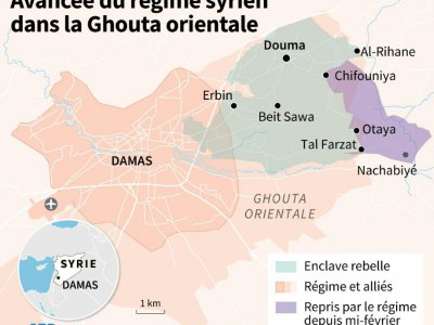 Carte de la Ghouta orientale et de l'enclave rebelle, dont un quart a été repris par le régime syrien. - Gillian HANDYSIDE [AFP]