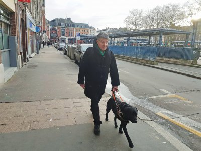 Son chien "Jingle" permet à Dominique Lecornu de circuler plus facilement dans Rouen. - Noémie Lair