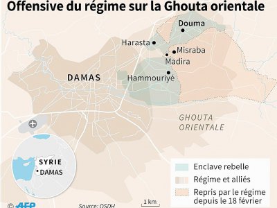 Localisation des zones de contrôle à Damas et dans la Ghouta orientale au 11 mars - Gillian HANDYSIDE [AFP]