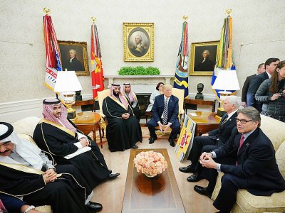 Donald Trump et le prince Mohammed ben Salmane dans le Bureau ovale en compagnie de leurs conseillers et membres du cabinet - MANDEL NGAN [AFP]