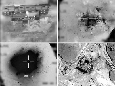 Combinaison de photos créée le 20 mars 2018 à partir d'images fournies par l'armée israélienne montrant, d'après elle, une vue aérienne d'un site nucléaire syrien lors d'un bombardement - - [Israeli Army/AFP]