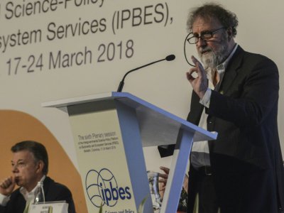 Le président de la Plateforme intergouvernementale sur la biodiversité et les services écosystémiques (IPBES) Robert Watson lors d'un discours à Medellin, Colombie, le 17 mars 2018 - Joaquin SARMIENTO [AFP/Archives]