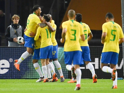 Le Brésil grâce à un but de Gabriel Jesus s'impose en Allemagne, le 27 mars 2018 à Berlin - Patrik STOLLARZ [AFP]