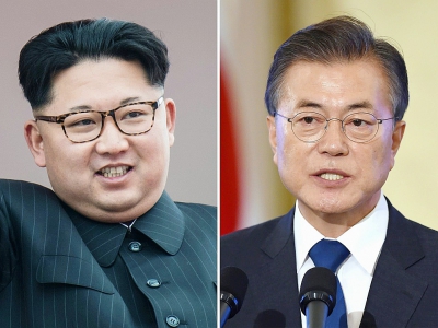 Le leader nord-coréen Kim Jong Un (G) le 10 mai 2016 à Pyongyang, et le président sud-coréen Moon Jae-in le 17 août 2017 à Séoul - - [AFP/Archives]