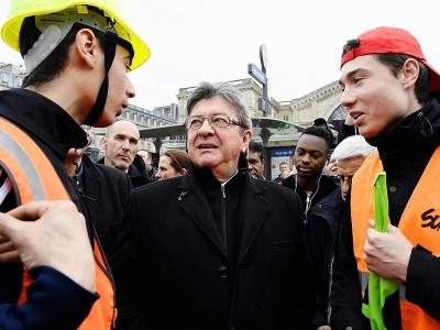 Jean-Luc Mélenchon à la manifestation des cheminots Gare de L'Est à Paris, le 3 avril 2018 - BERTRAND GUAY [AFP]