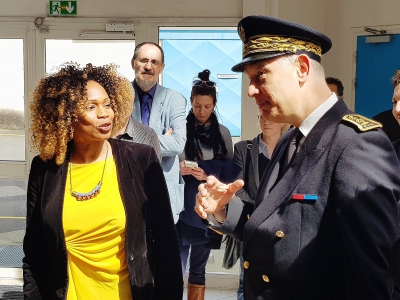 Laura Flessel, la ministre des sports à son arrivée à Caen, accueillie par le préfet du Calvados, Laurent Fiscus, vendredi 6 avril 2018. - Maxence Gorréguès