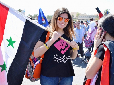 Manifestation de soutien au régime syrien, le 16 avril 2018 à Damas - STRINGER [AFP]