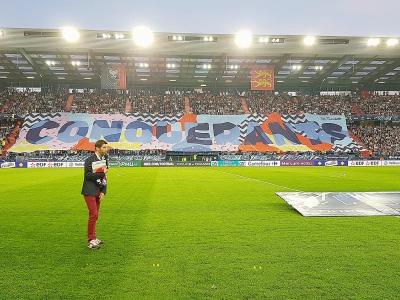 Un tifo "Conquérants" a été déployé avant Caen-PSG, demi-finale de Coupe de France de football, mercredi 18 avril 2018. - Maxence Gorréguès