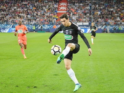 Angel Di Maria tout en touché lors de Caen-PSG, demi-finale de Coupe de France de football, mercredi 18 avril 2018. - Maxence Gorréguès