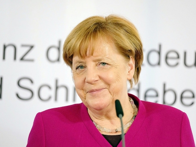 La chancelière allemande Angela Merkel lors d'une conférence de presse en Bad Schmiedeberg, est de l'Allemange, le 18 avril 2018. - Sebastian Willnow [dpa/AFP]