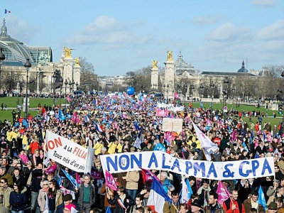 Des militants de "La Manif Pour Tous" défilent à Paris contre l'extension de la PMA (procréation médicalement assistée) à toutes les femmes et contre la GPA (gestation pour autrui) le 2 février 2014 - MARTIN BUREAU [AFP/Archives]