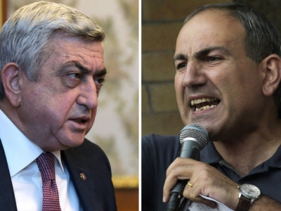A gauche, l'ex-président et nouveau Premier ministre Serge Sarkissian, le 4 mars 2016, et à droite le leader de la contestation Nikol Pashinian, le 22 juillet 2016 - KAREN MINASYAN [AFP]