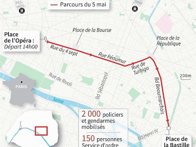 Carte du parcours de la Manifestation pour "faire la fête à Macron" du 5 mai à Paris - [AFP]
