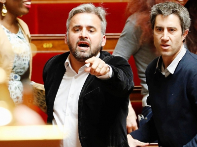 Les députés de La France insoumise Alexis Corbière (G) et François Ruffin (D) à l'Assemblée nationale à Paris, le 11 avril 2018 - FRANCOIS GUILLOT [AFP/Archives]