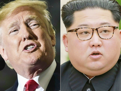 Combinaison de photos, Donald Trump à gauche le 28 avril 2018 dans le Michigan et Kim Jong Un à gauche, photo officielle publiée par l'agence de presse nord-coréenne KCNA  le 21 avril 2018. - Mandel Ngan, - [AFP]