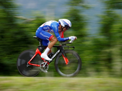 Le Français Thibaut Pinot lors du contre-la-montre du Giro, le 22 mai 2018 entre Trente et Rovereto - Luk Benies [AFP]