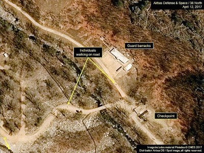 Photographie fournie le 13 avril 2017 par le Centre national d'etudes spatiales (CNES), Airbus Defense and Space et le site 38 North, montrant une image satellite prise le 12 avril 2017 du site d'essais nucléaires nord-coréen de Punggye-ri - HO [CNES/AFP]