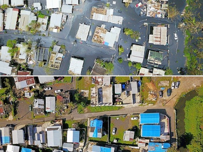 Les dégâts provoqués par l'ouragan Maria à Porto Rico. Un quartier sous les eaux le 22 septembre 2017 et (en-dessous)le même endroit six mois plus tard - RICARDO ARDUENGO [AFP/Archives]