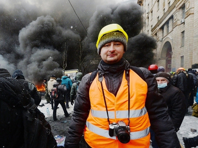 Le journaliste russe Arkadi Babtchenko sur le Maïdan à Kiev, le 22 janvier 2014 - Vasily MAXIMOV [AFP]