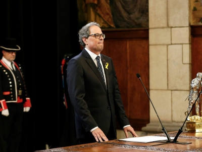 Le président de la région Catalogne Quim Torra pendant la prestation de serment de son gouvernement régional le 2 juin 2018 à Barcelone - PAU BARRENA [AFP]